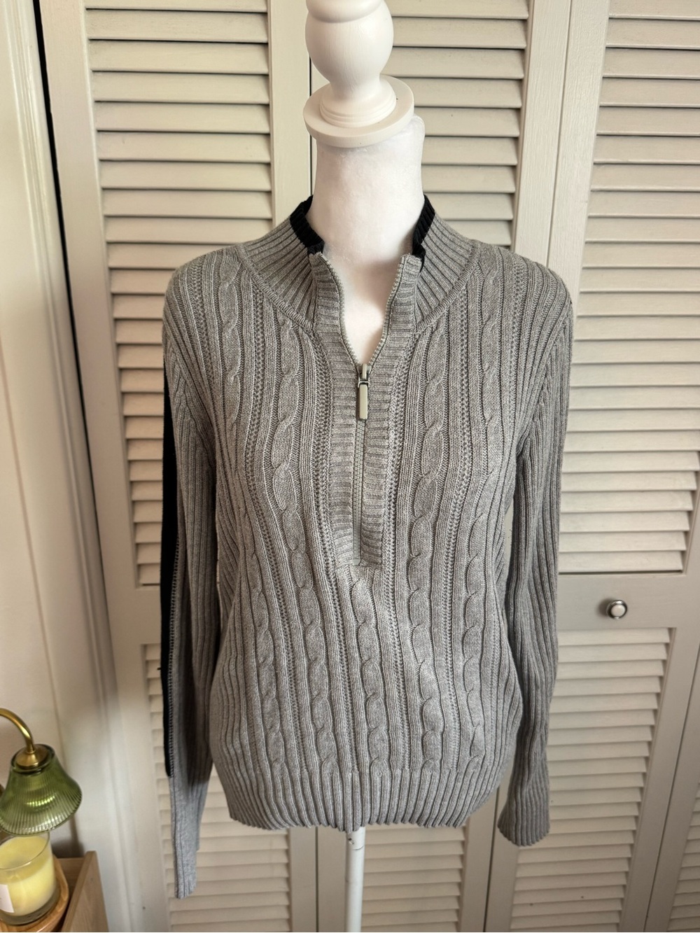DKNY Gray Ribbed Half-Zip Sweater with Black Trim